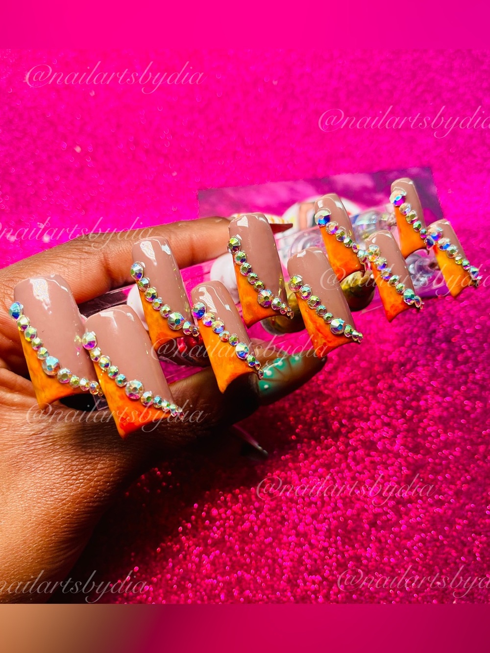 Red yellow Orange marble with Rhinestone Press-Ons